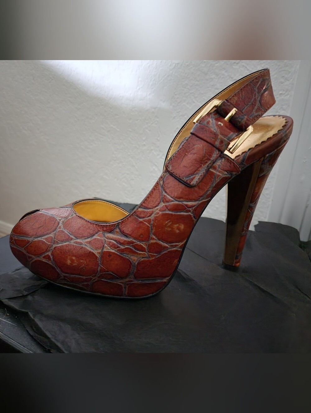 Report Signature Brown Croc-Embossed Platform Slingback Pump